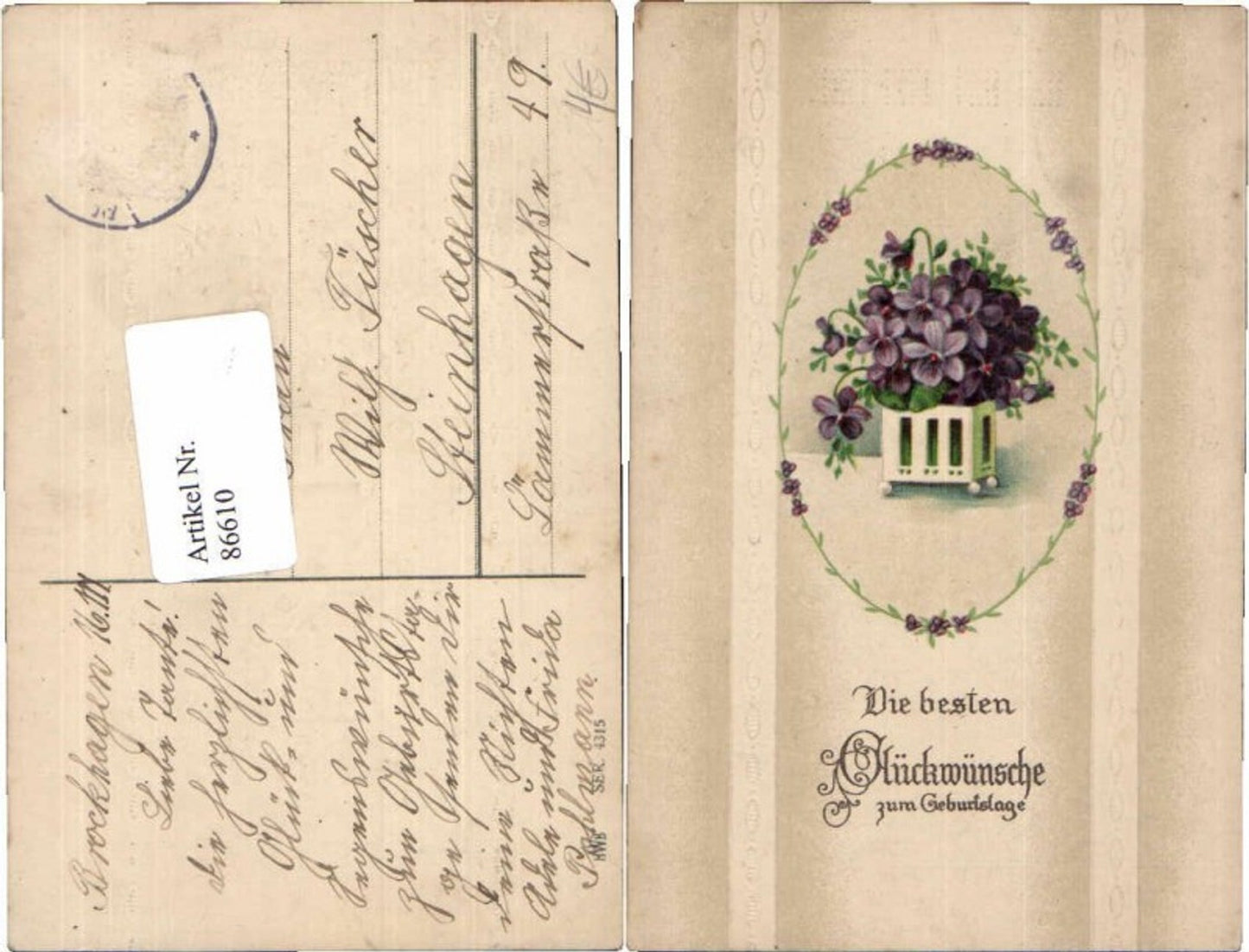 86610,Präge Geburtstag Veilchen Jugendstil HWB 4315