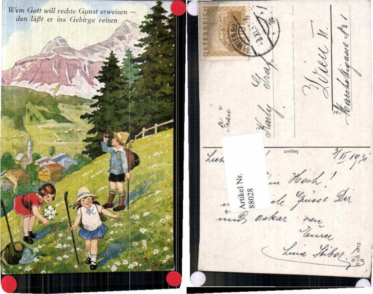 88028,Willy Scheuermann Kinder Gebirge Wiese unsign.