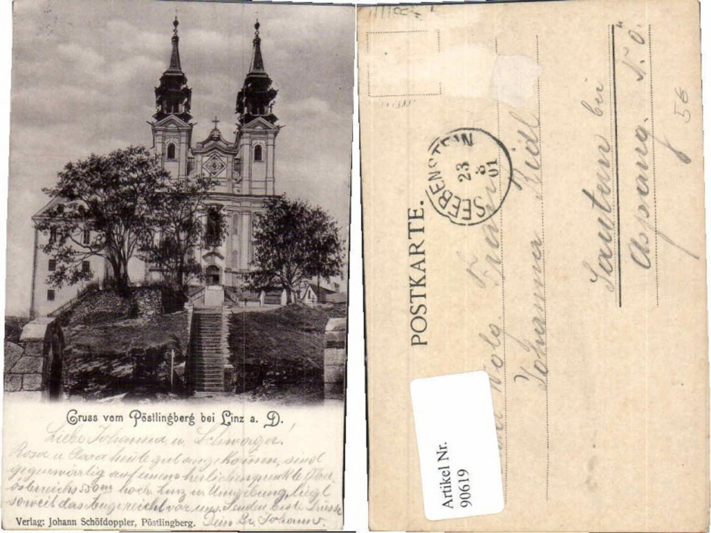 90619,Gruss vom Pöstlingberg bei Linz Stiege Kirche 1901