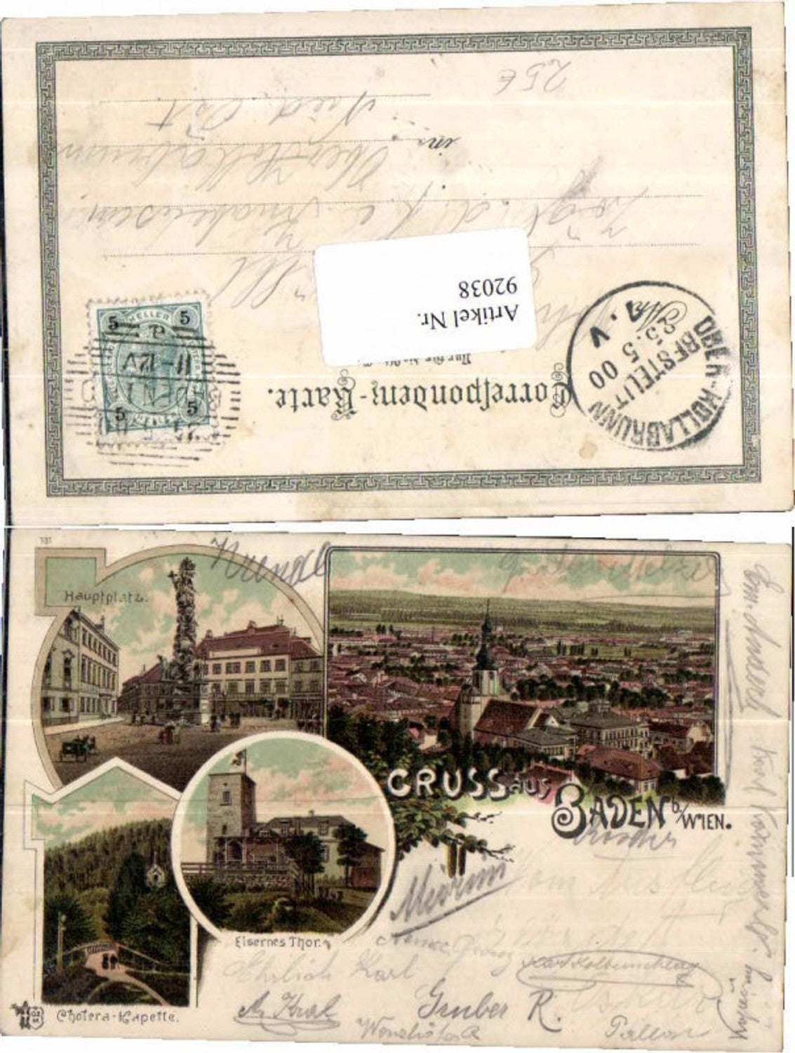 92038,Tolle Litho Gruss aus Baden b. Wien Hauptplatz Eisernes Thor