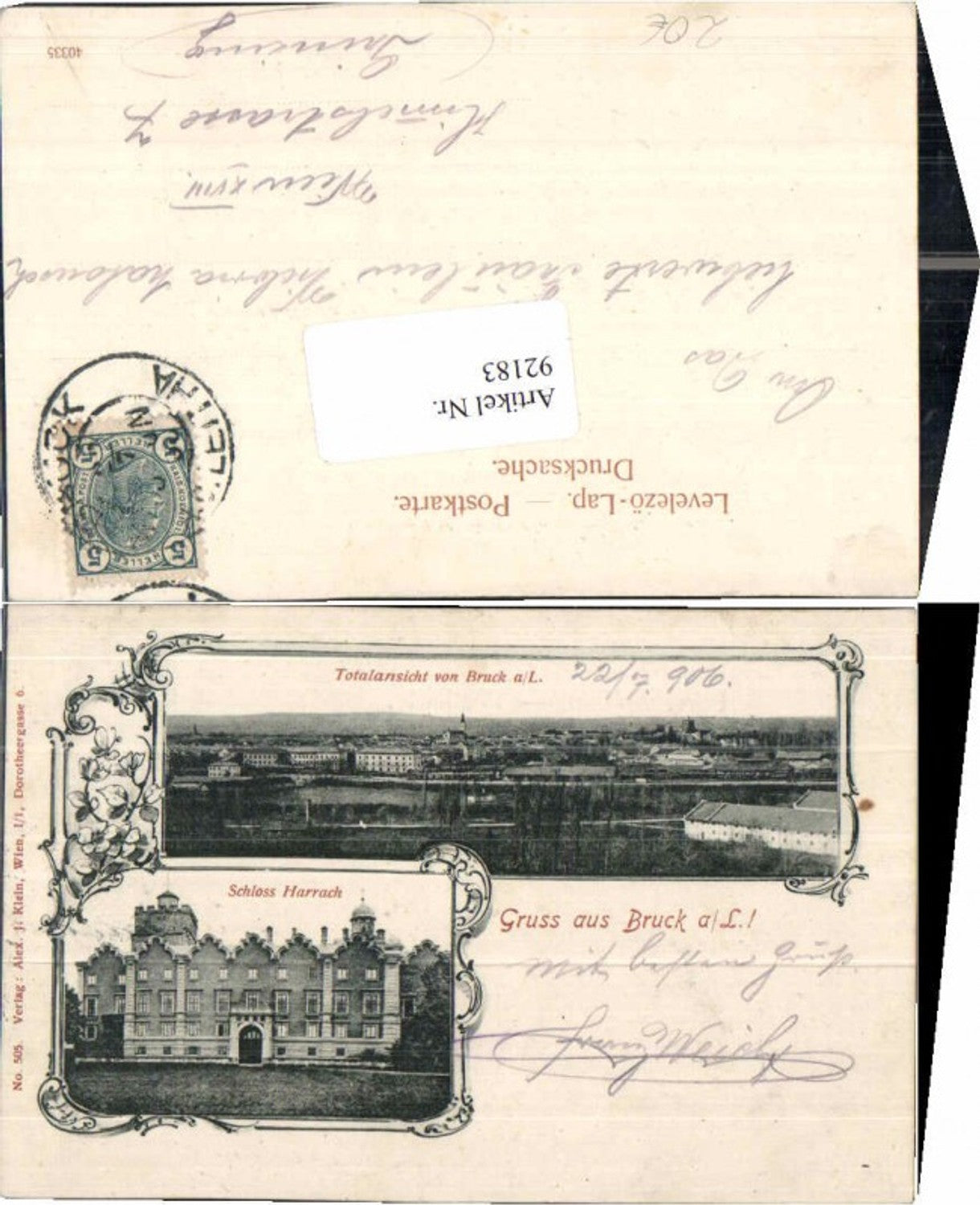 92183,Gruss aus Bruck a.d. Leitha Harrach Jugendstil 1899