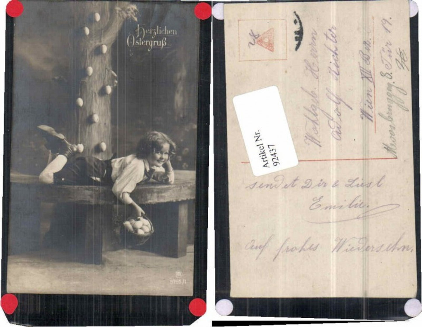 92437,Ostern Süsses Kind m. Osterkorb Ostereier