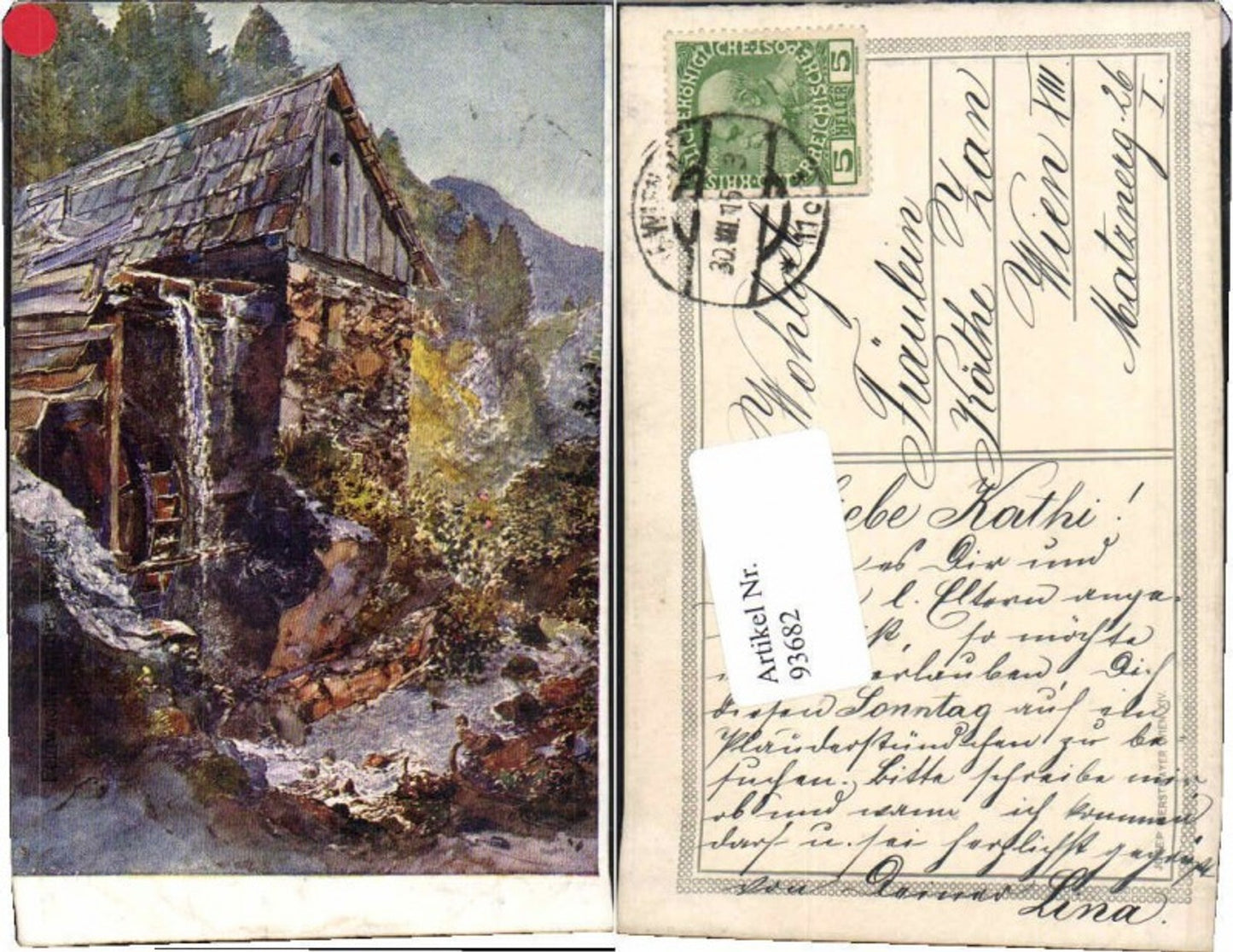 93682, Watermill, Mill, Waterwheel, O. Elsner Artist Card