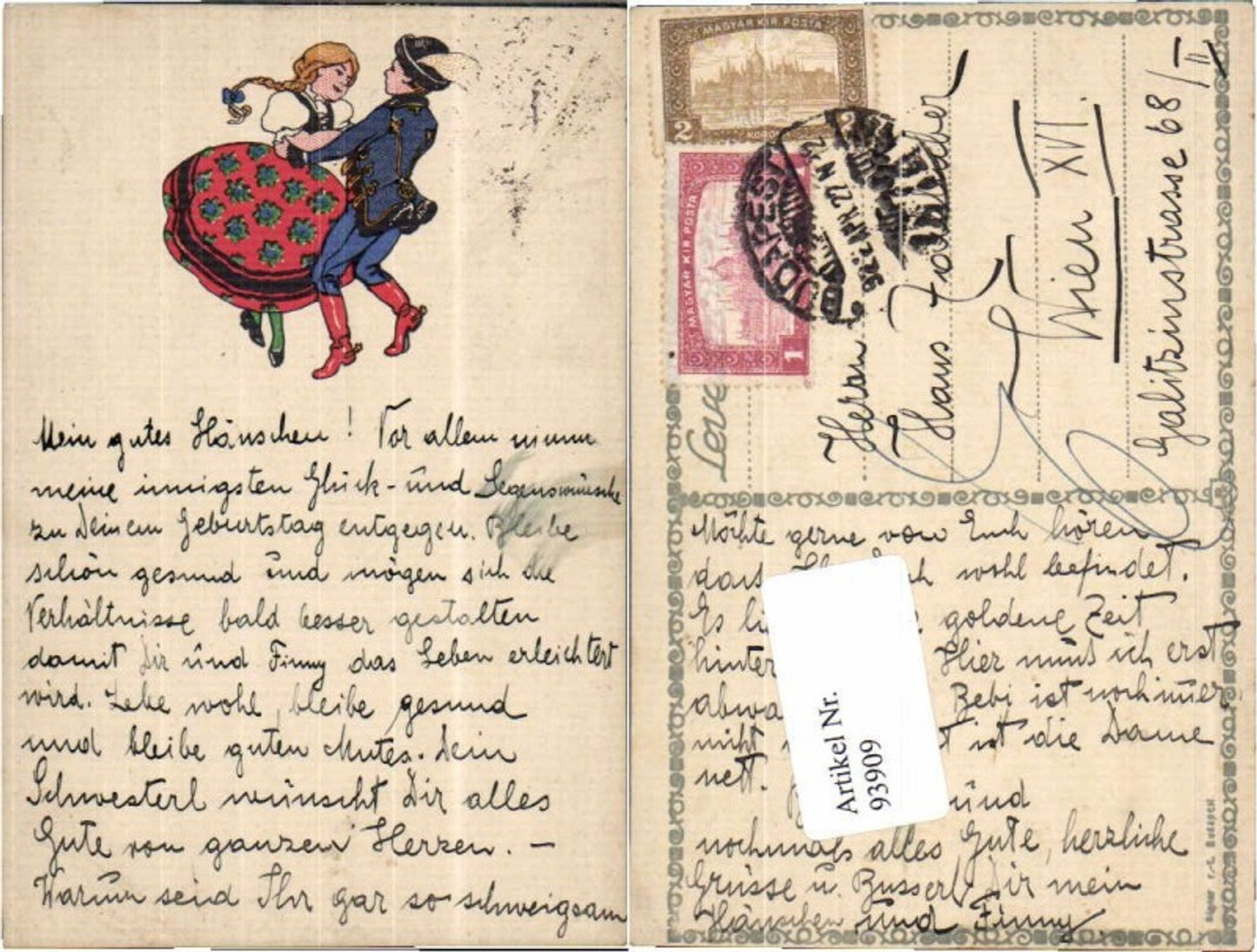 93909,Künstlerkarte Tanzendes Paar 1922 Trachten