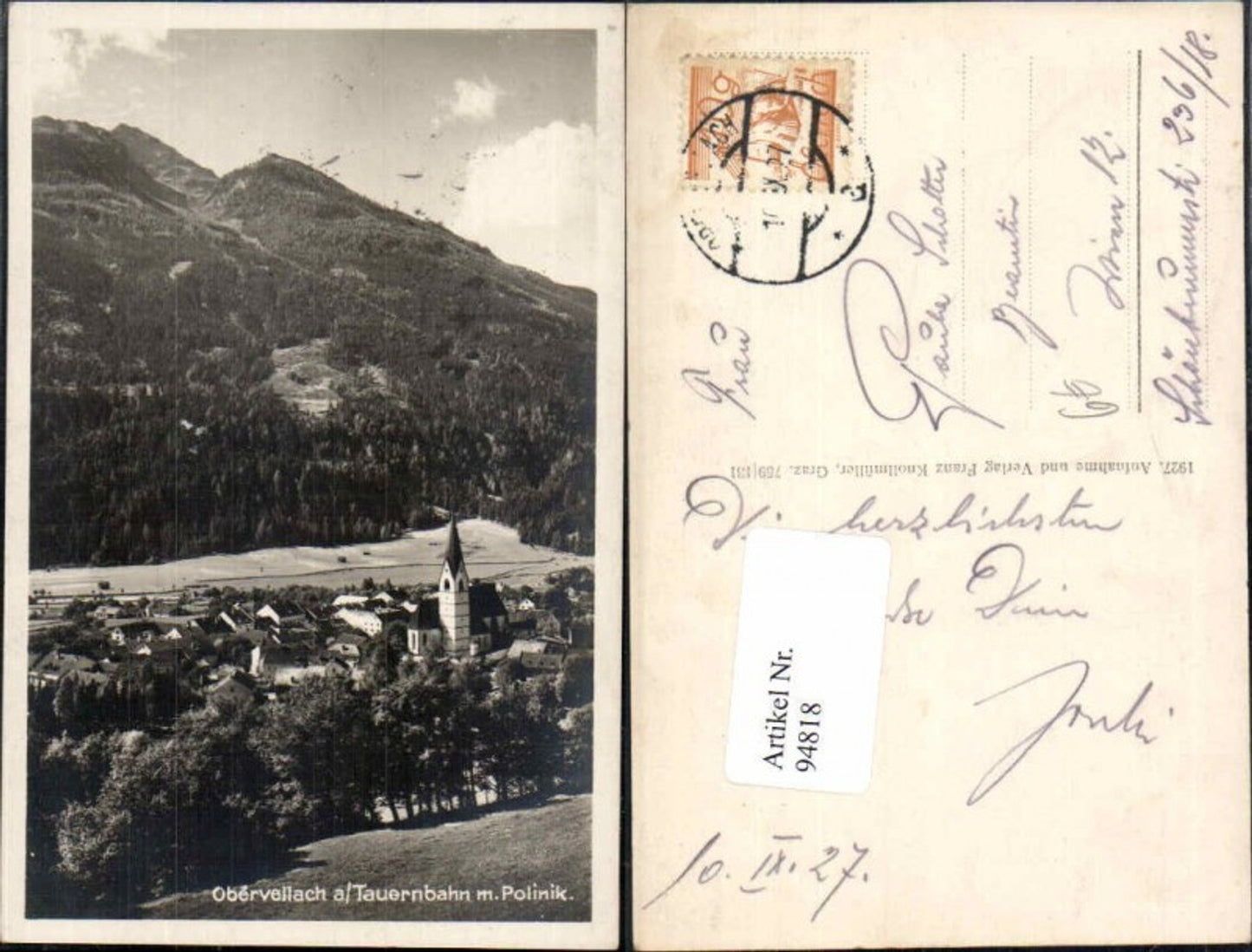 94818, Obervellach on the Tauern Railway 1927