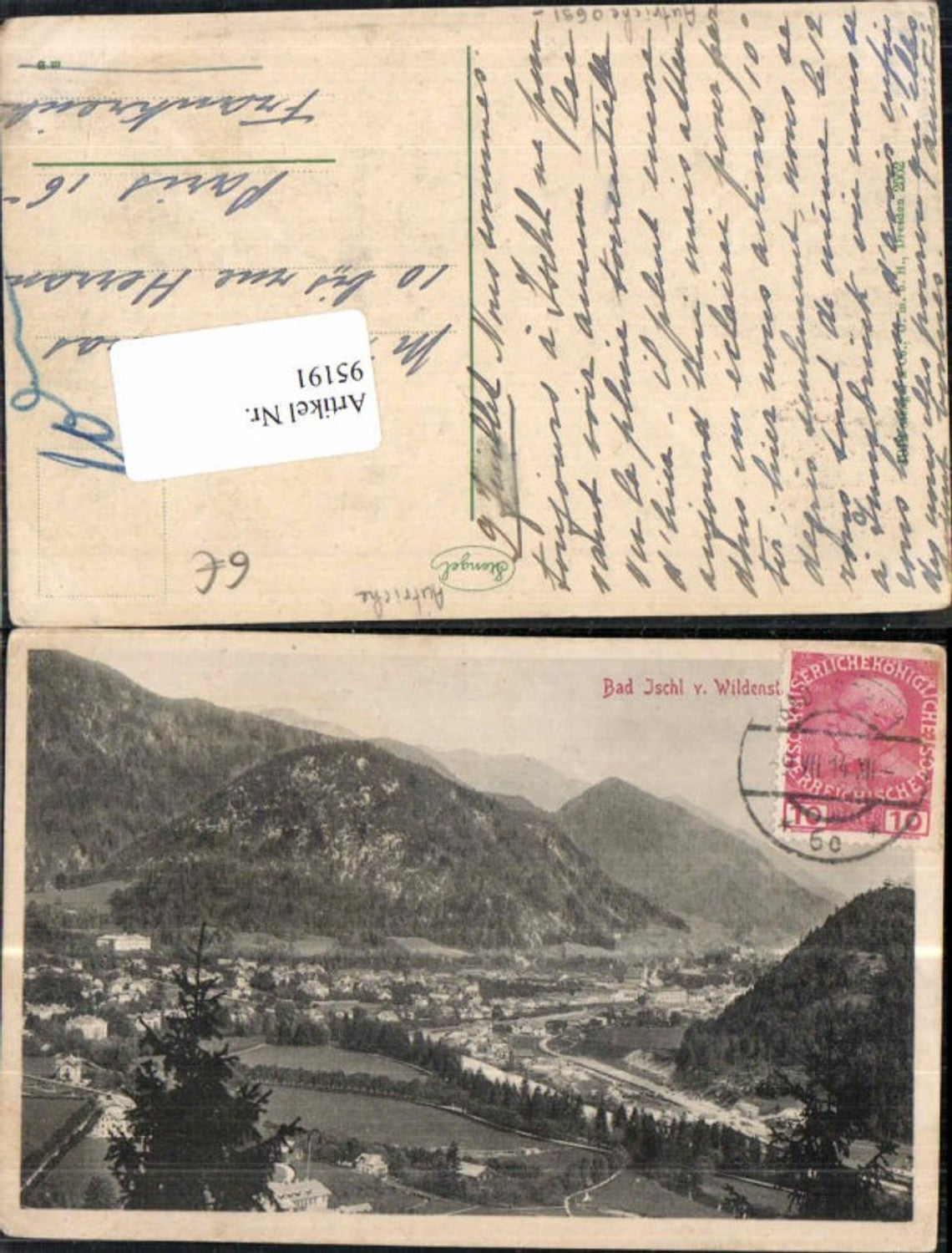 95191,Bad Ischl vom Wildenstein 1914 Frankatur Vorne