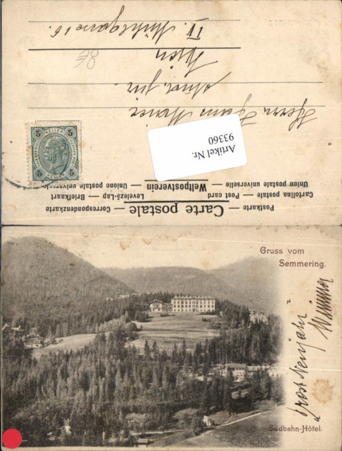 93360,Gruss vom Semmering Südbahn Hotel ca. 1904