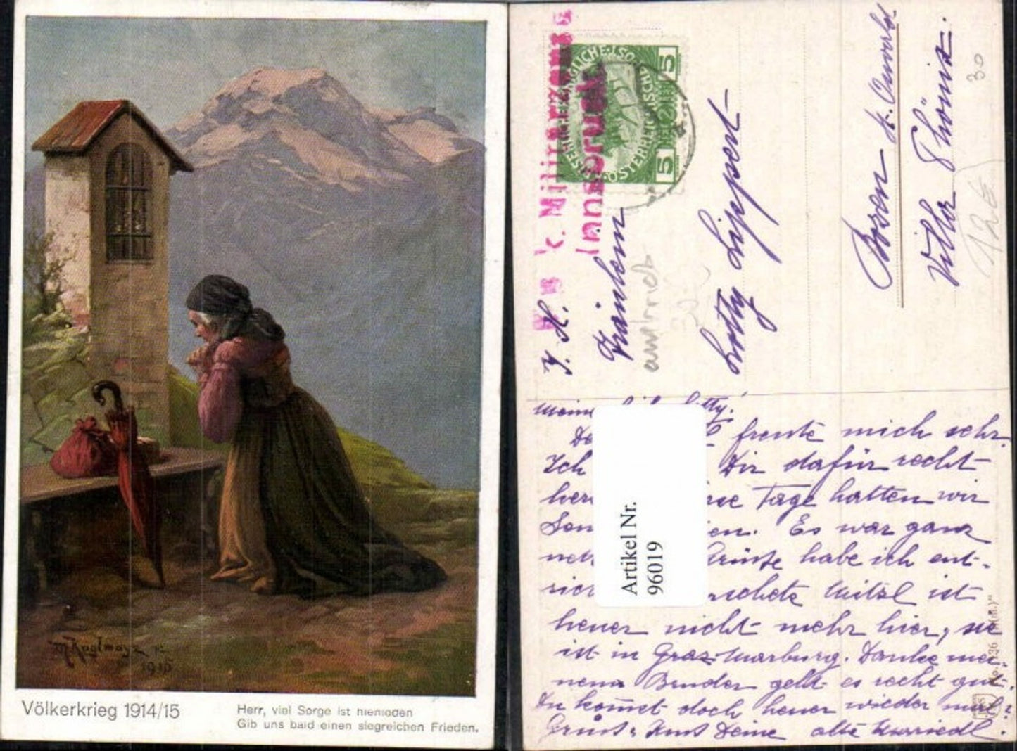 96019,M. Kuglmayr Völkerkrieg Patriotik Marterl Frau betet