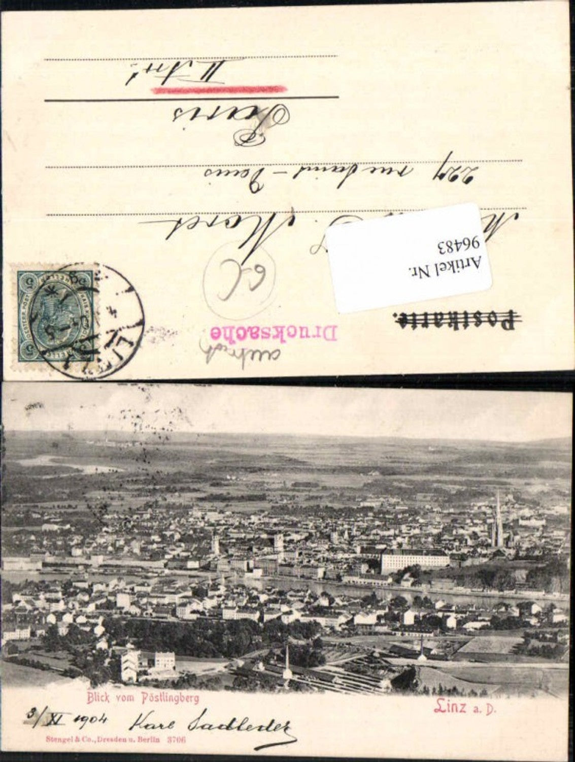 96483,Linz a.d. Donau Blick Pöstlingberg 1900 Stengel