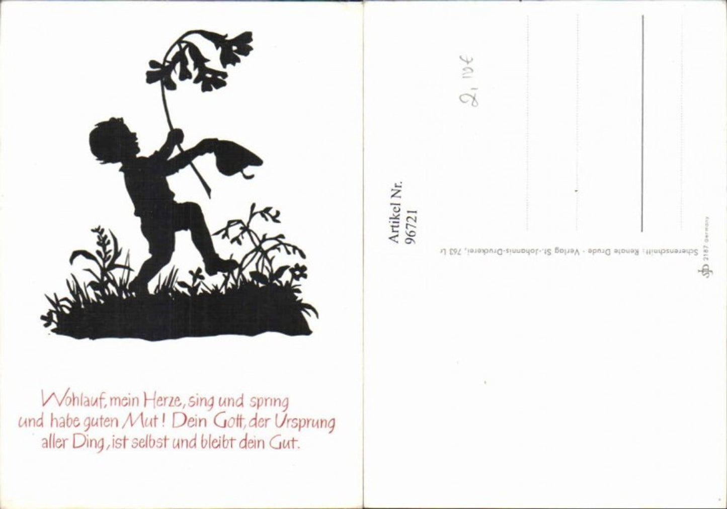 96721,Scherenschnitt Silhouette kleiner Junge m. Hut u. Blumen