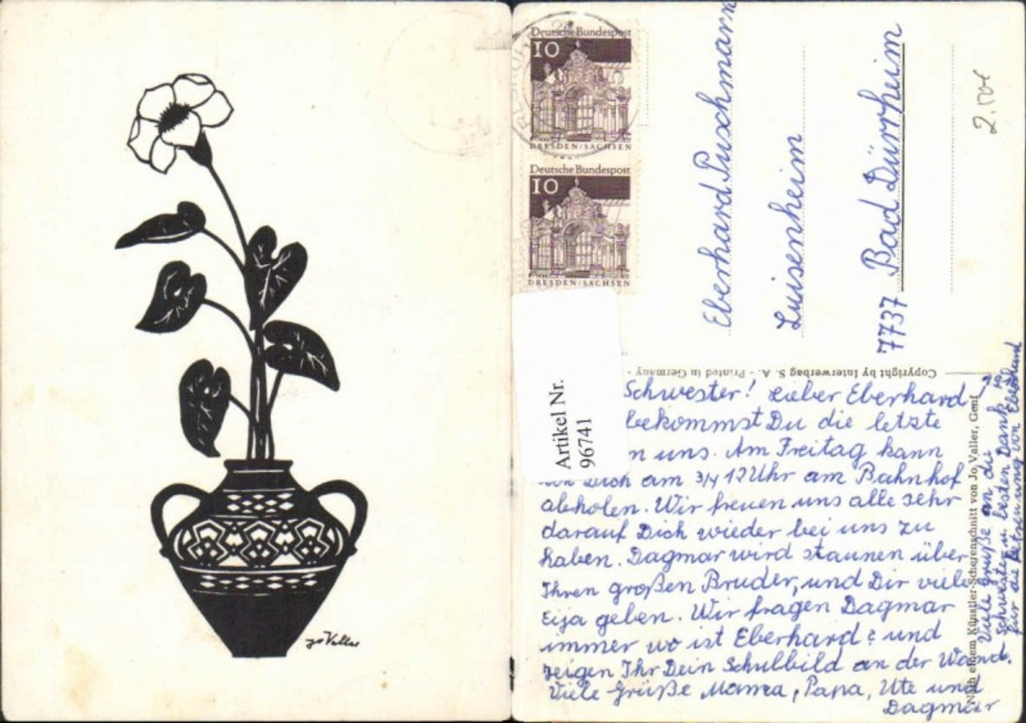 96741,Scherenschnitt Silhouette Blumenvase Vase m. Blume