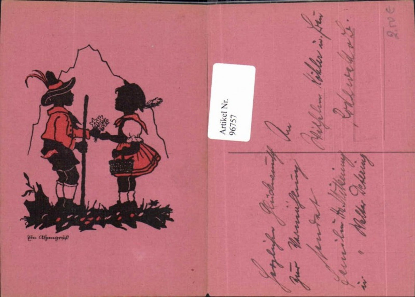 96757,Scherenschnitt Silhouette Kinder in Tracht m. Hut wandern