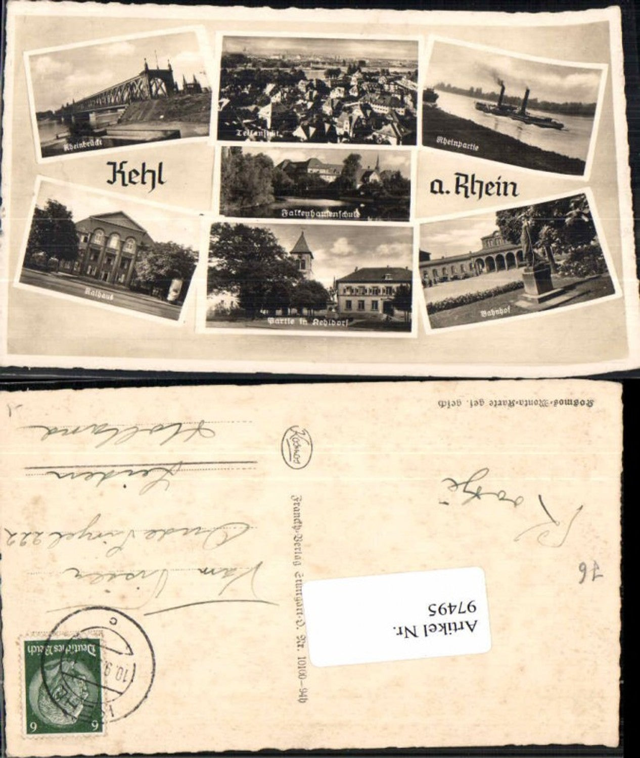 97495,Kehl am Rhein Dampfer Bahnhof Rathaus Brücke 1938