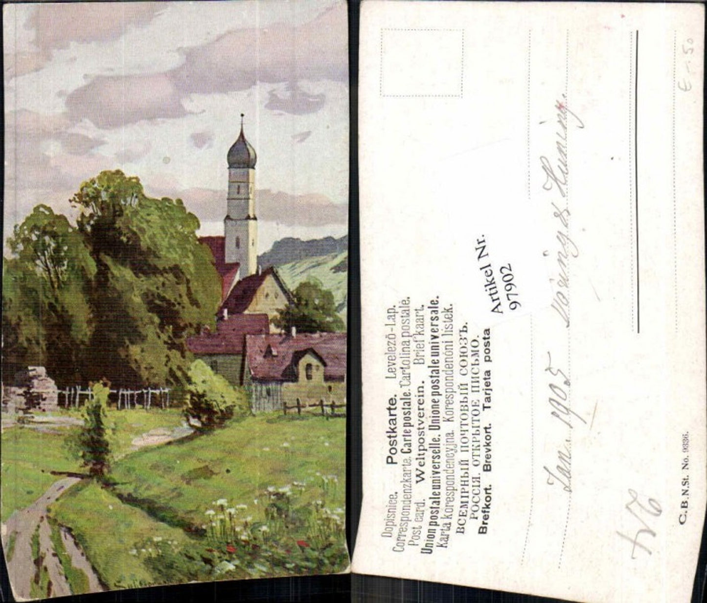 97902,J. Splitgerber jun Künstlerkarte Bayern Dorf Kirche