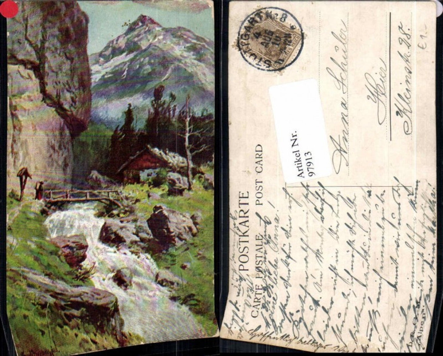 97913,J. Splitgerber jun Künstlerkarte Fluss bach Marterl Berge Alpen