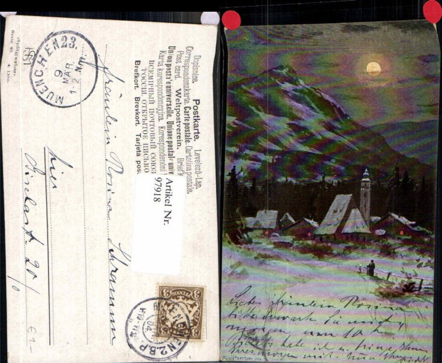 97918,J. Splitgerber jun Künstlerkarte Mond Dorf in den Bergen