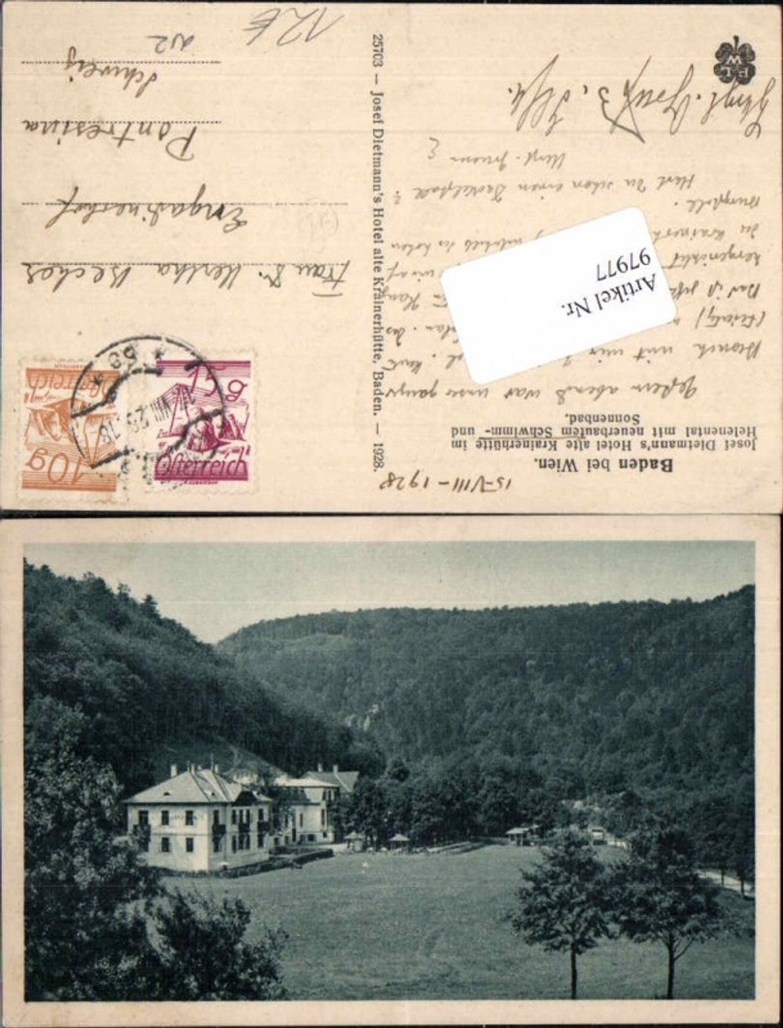 97977,Baden b. Wien Dietmann Hotel Krainerhütte 1928