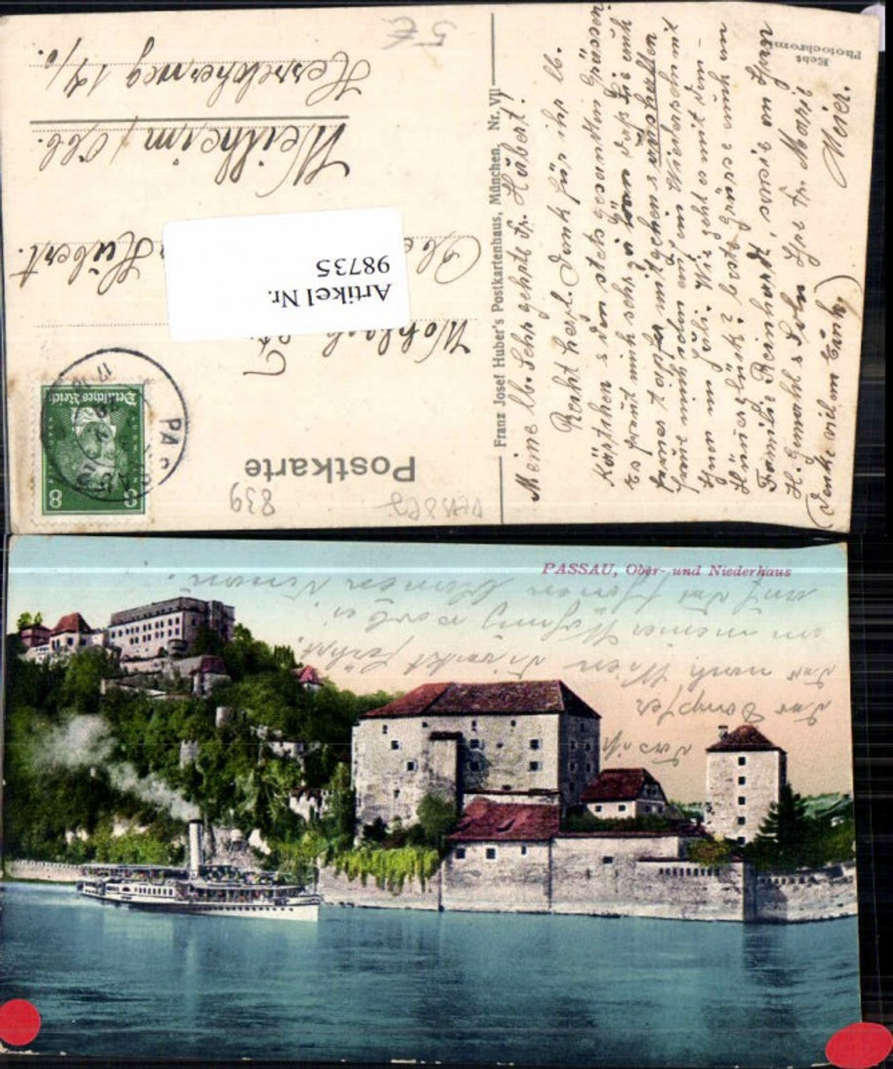 98735,Passau Oberhaus Niederhaus m. Dampfer 1908