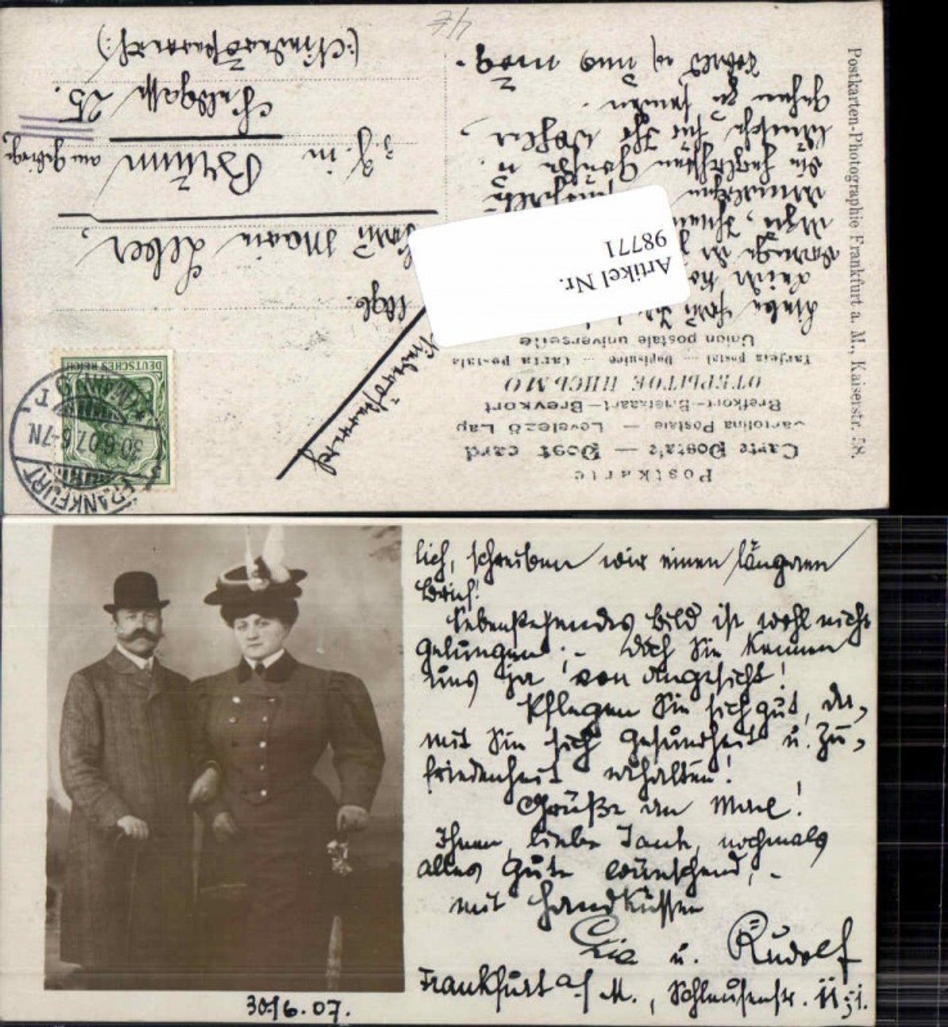 98771,Frankfurt am Main FotoAK Frau m. Hut Mann m. Hut Zyliner 1907