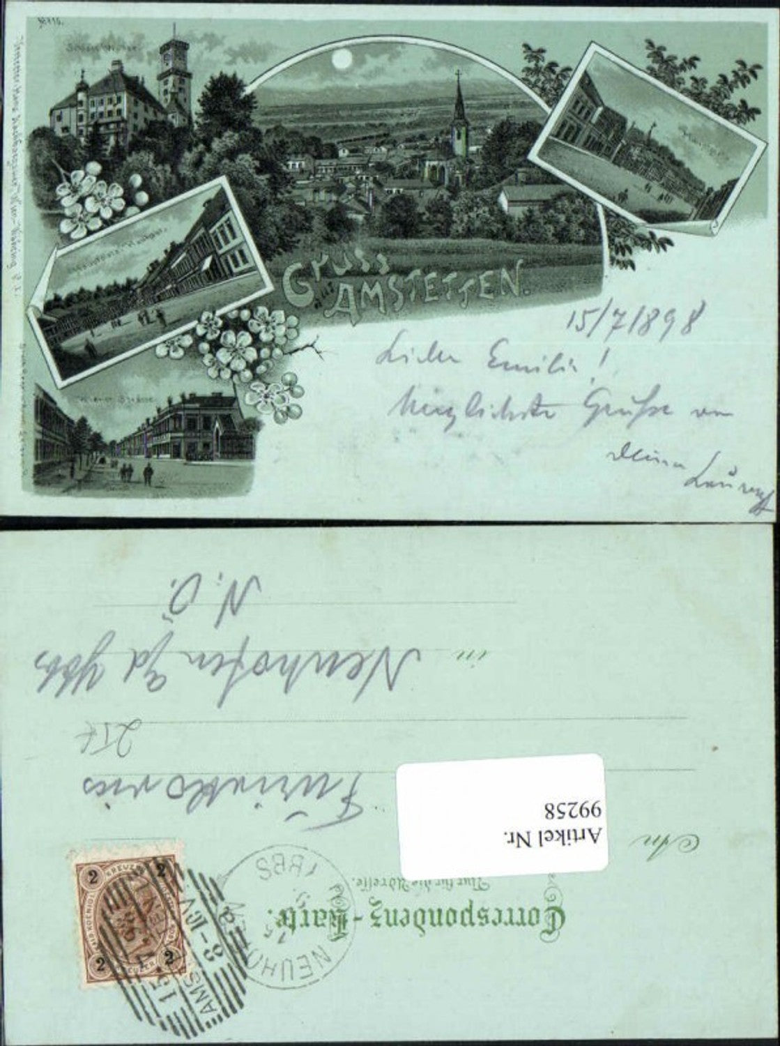 99258,Litho Gruss aus Amstetten m. Schloss Wallsee 1898