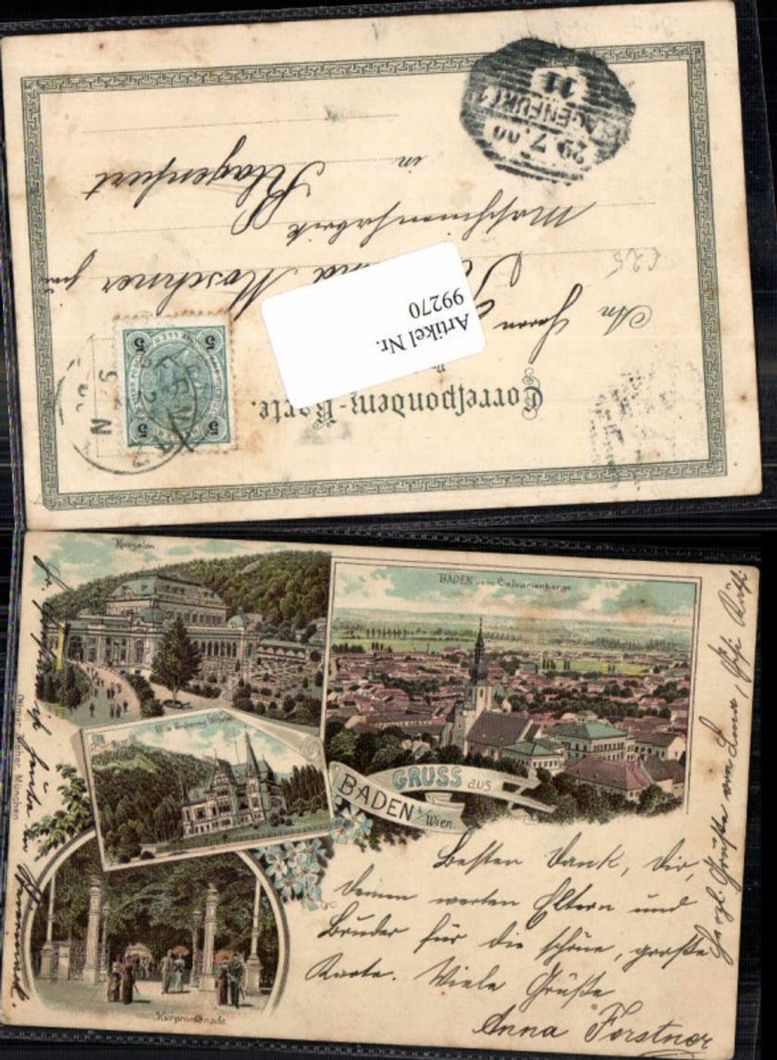 99270,Litho Gruss aus Baden b. Wien Villa Erzherzog Eugen Zieher O.