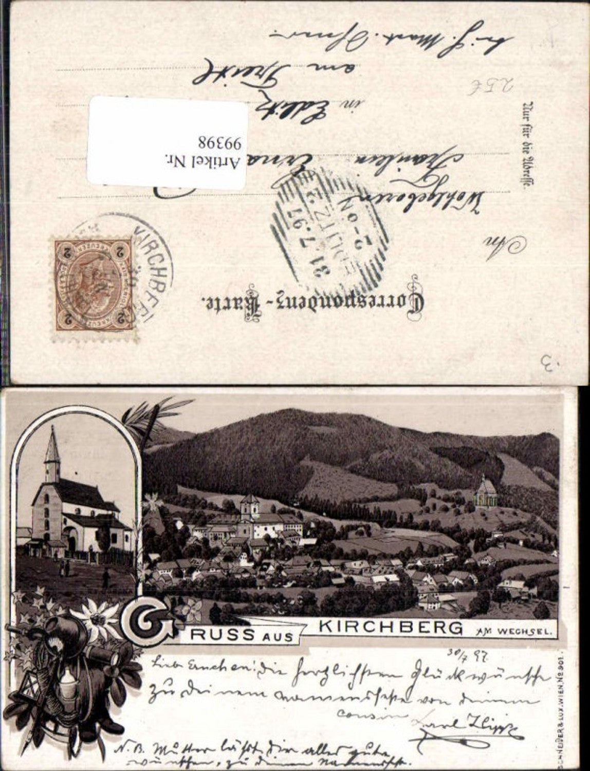 99398,Tolle Litho Gruss aus Kirchberg am Wechsel 1897
