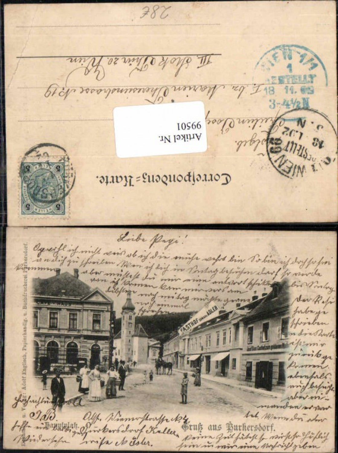99501,Gruss aus Purkersdorf bei Wien Gasthaus Goldener Adler 1900