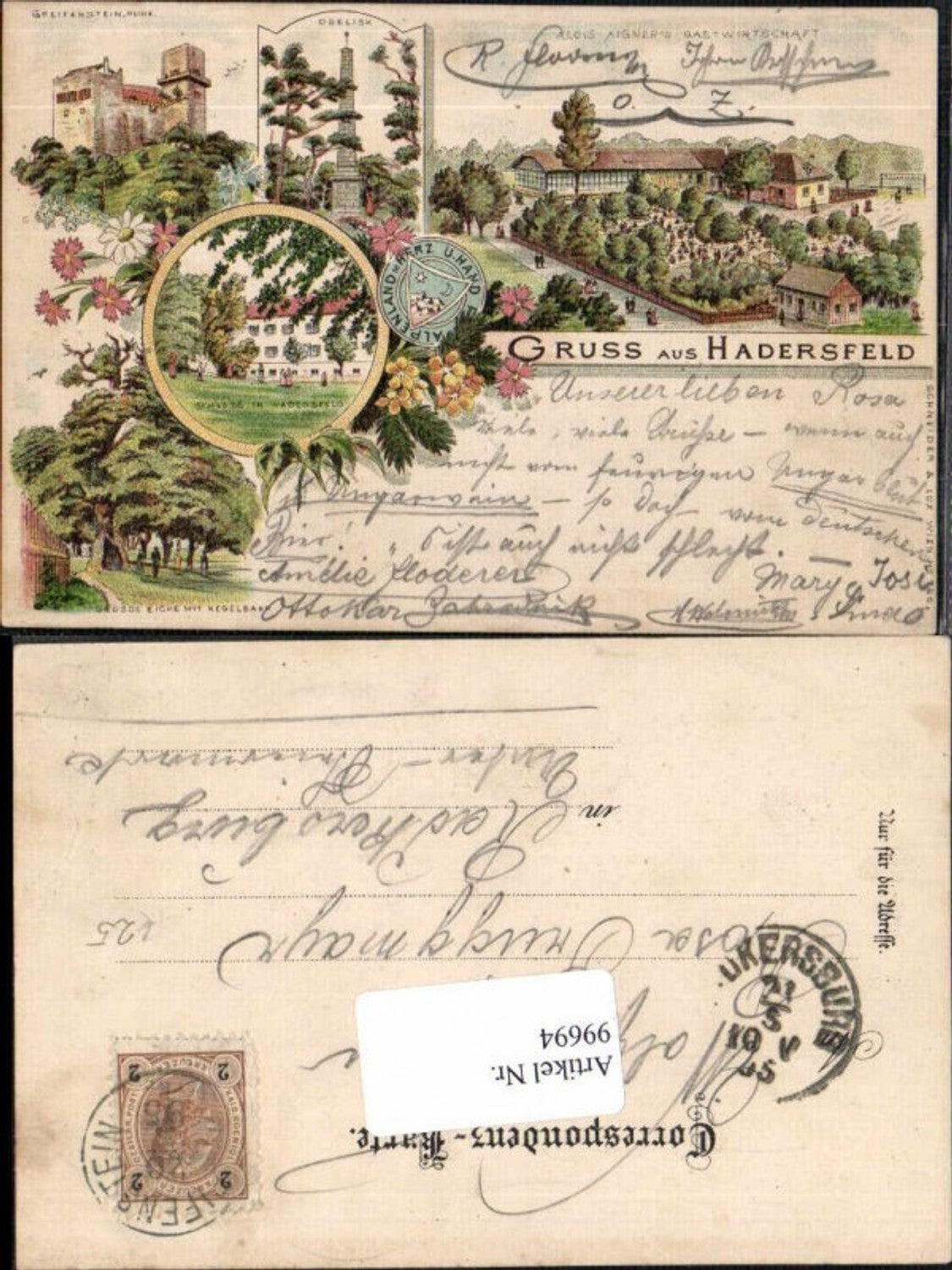 99694,Tolle Litho Gruss aus Hadersfeld Greifenstein Gasthaus Obelisk 1898