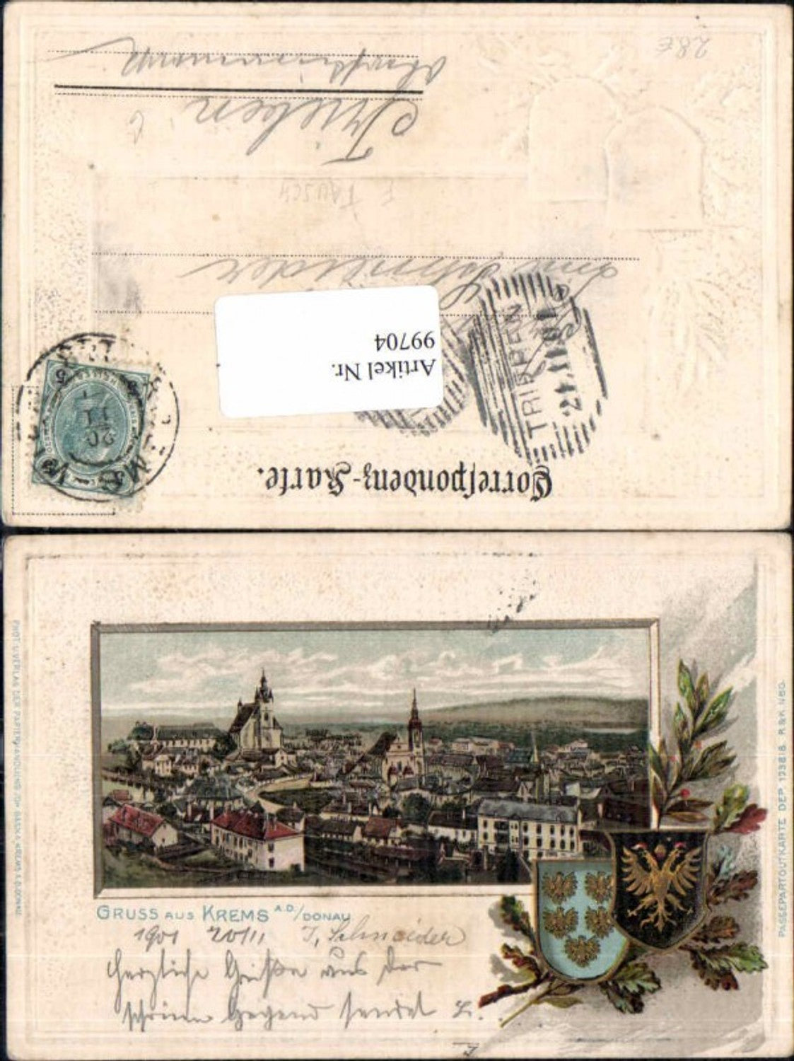 99704,Präge Passepartoutkarte Krems a.d. Donau Gruss aus