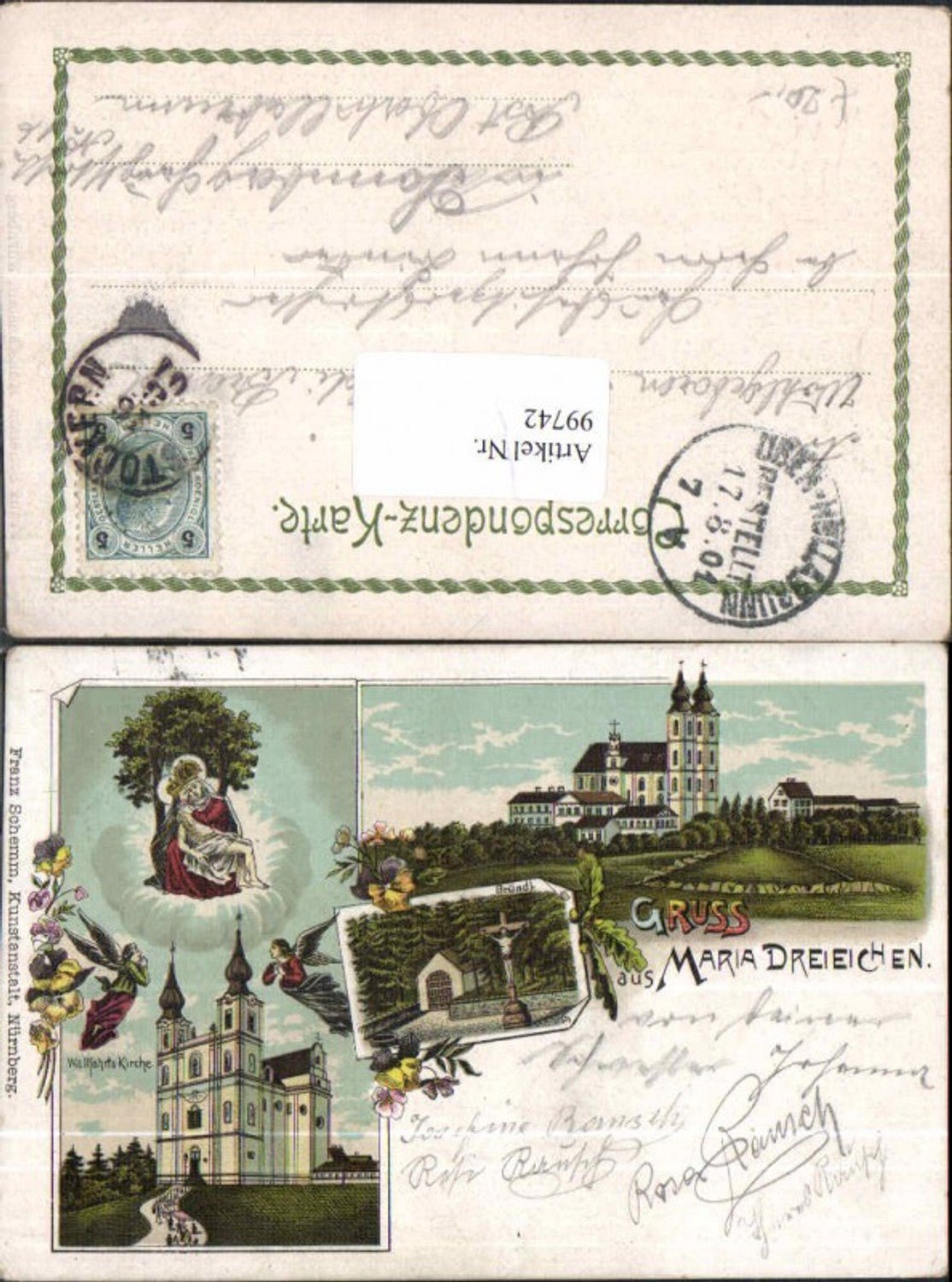 99742,Tolle Litho Gruss aus Maria Dreieichen Horn 1898