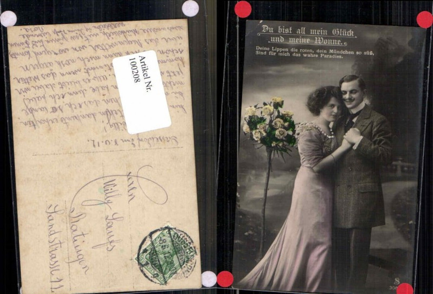 100208,Schöne Frau m. gelben Rosen coloriert Kleid