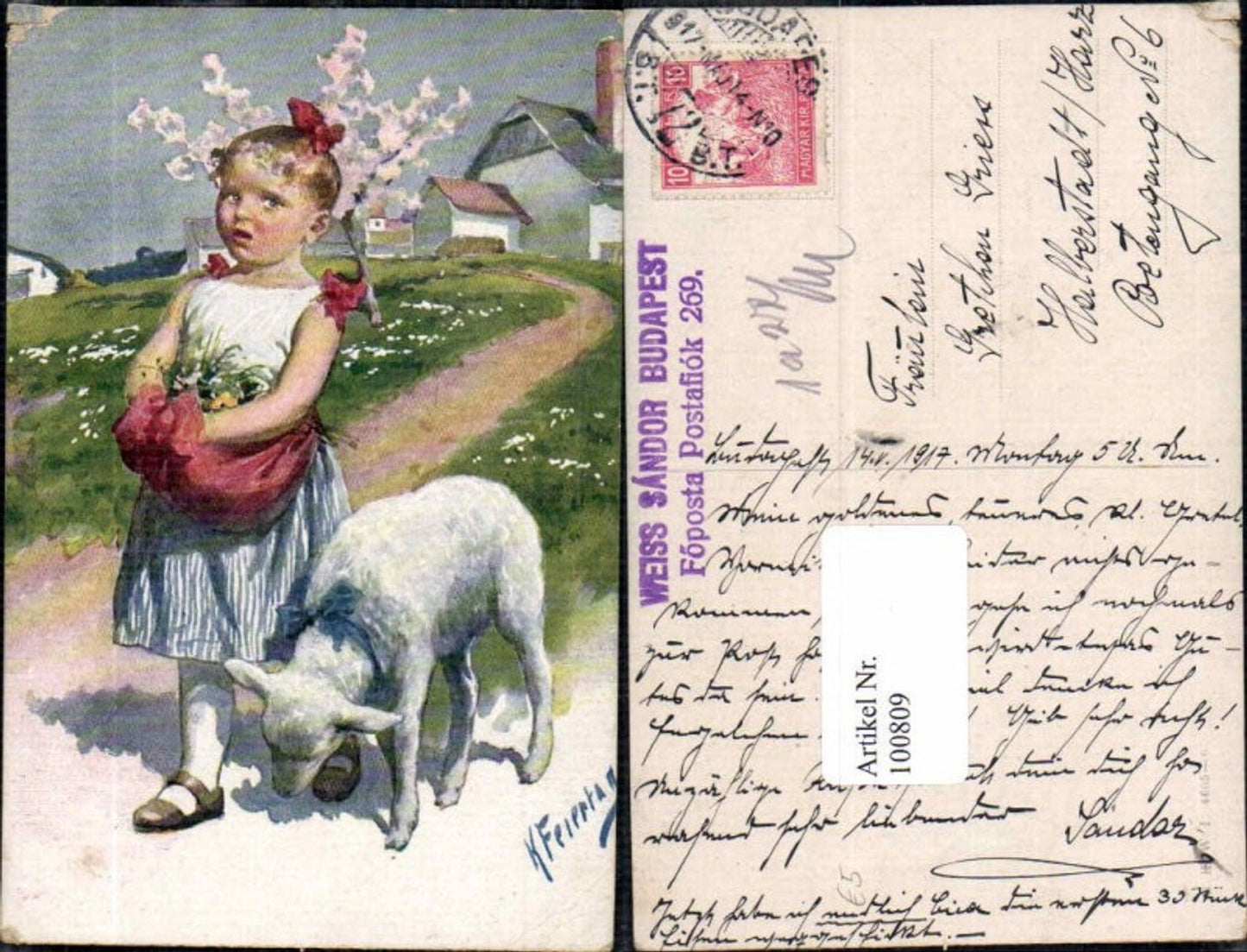 100809,Karl Feiertag Schaf m. Kind Blumen sign. B.K.W.I 4605-6