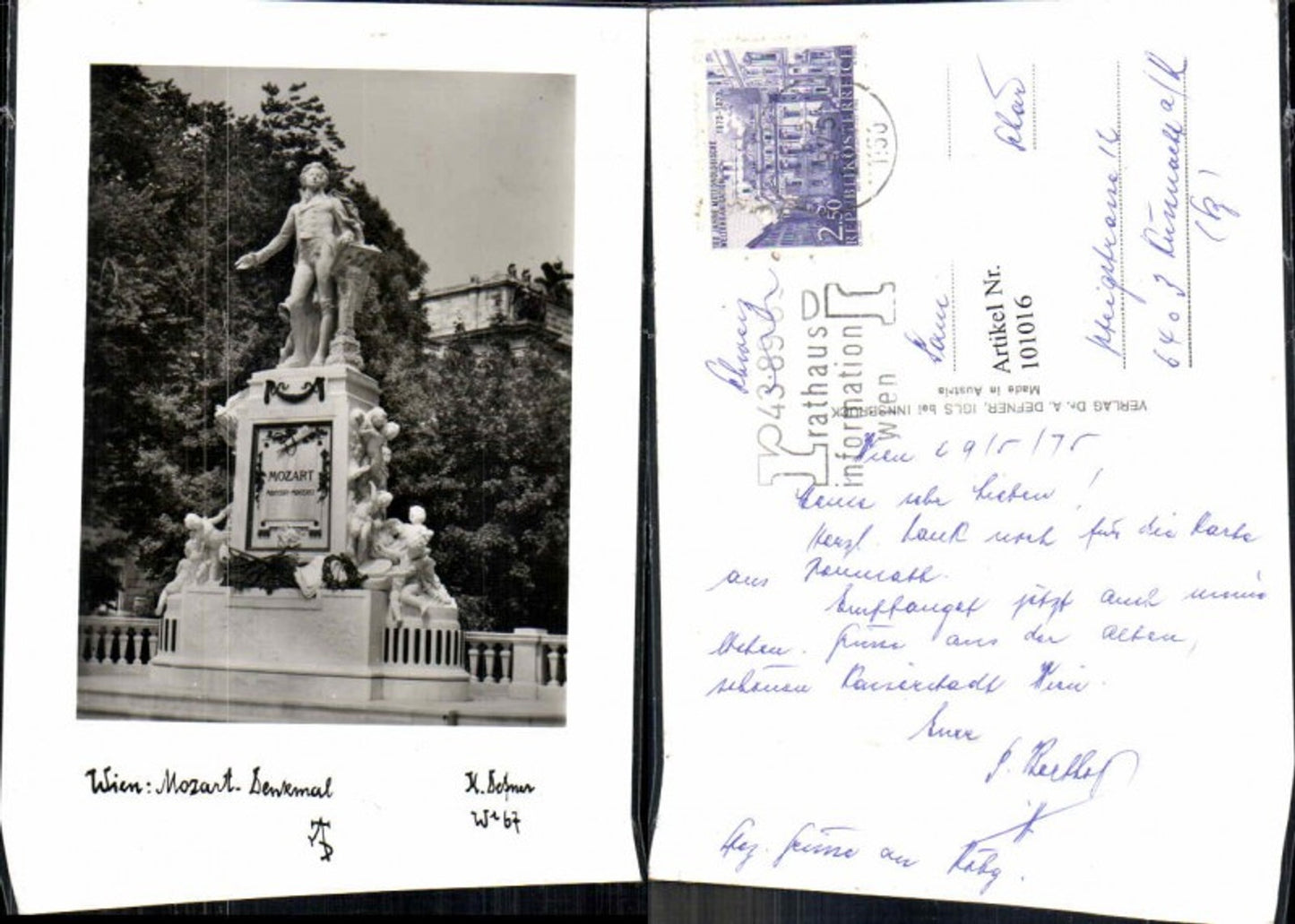 101016,Dr. Defner Igls Nr W 67 Wien Mozart Denkmal
