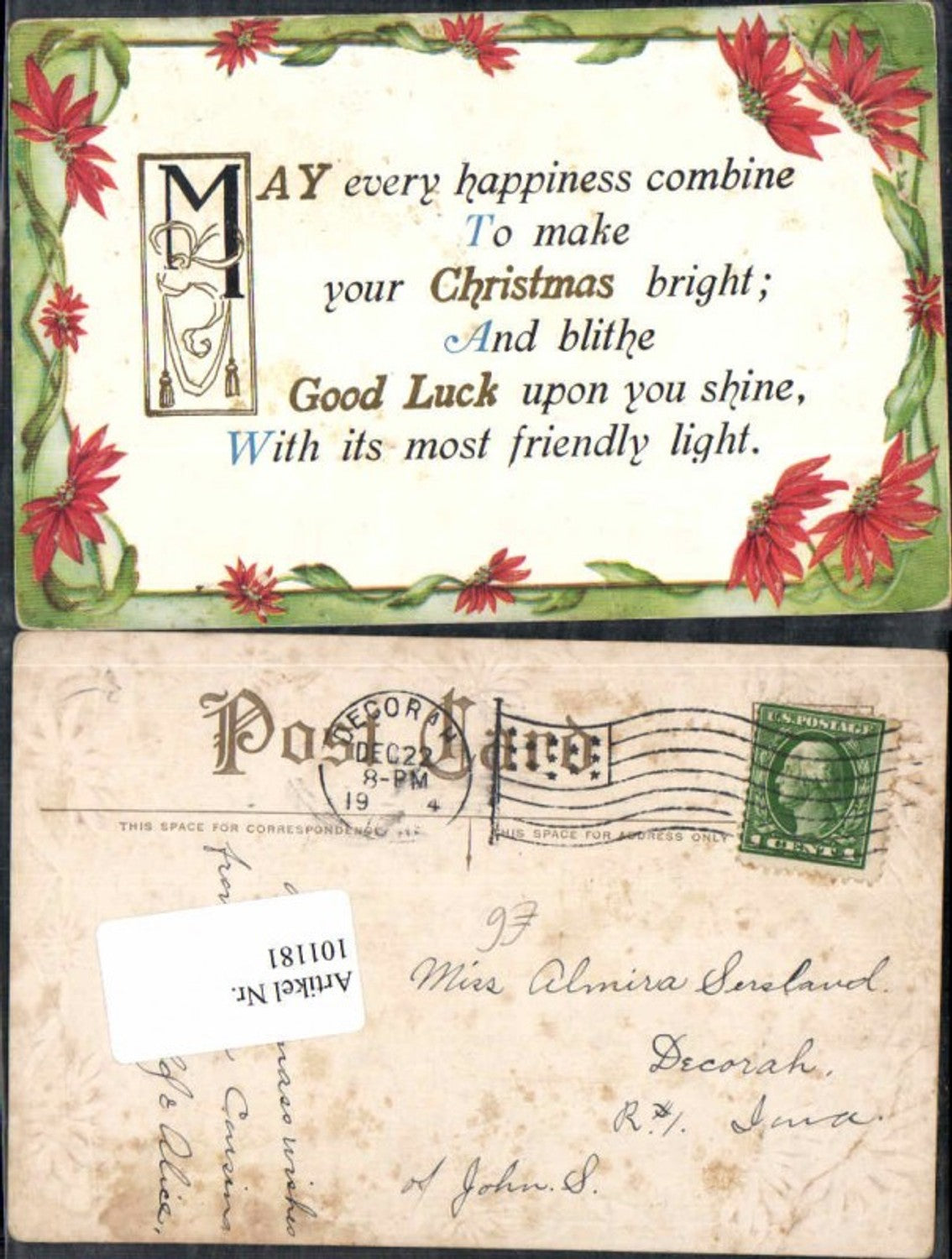 101181, Embosser Lithograph Christmas Saying English Flowers