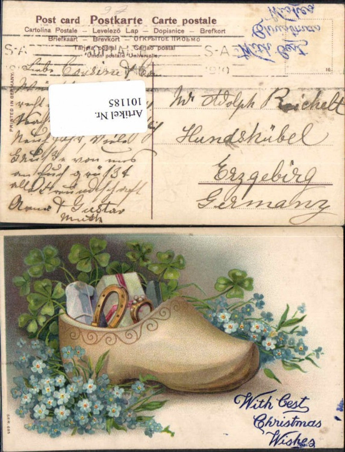 101185, Embossed Lithograph Christmas Slipper Horseshoe Clover Shamrock
