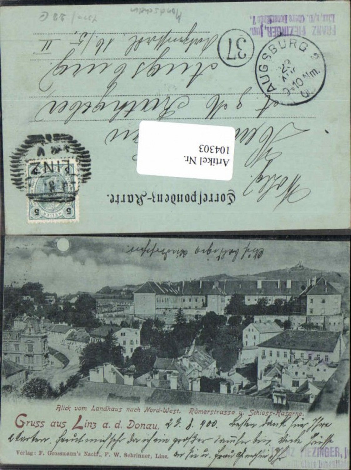 104303,Mond Litho Gruss aus Linz a.d. Donau Römerstrasse 1899