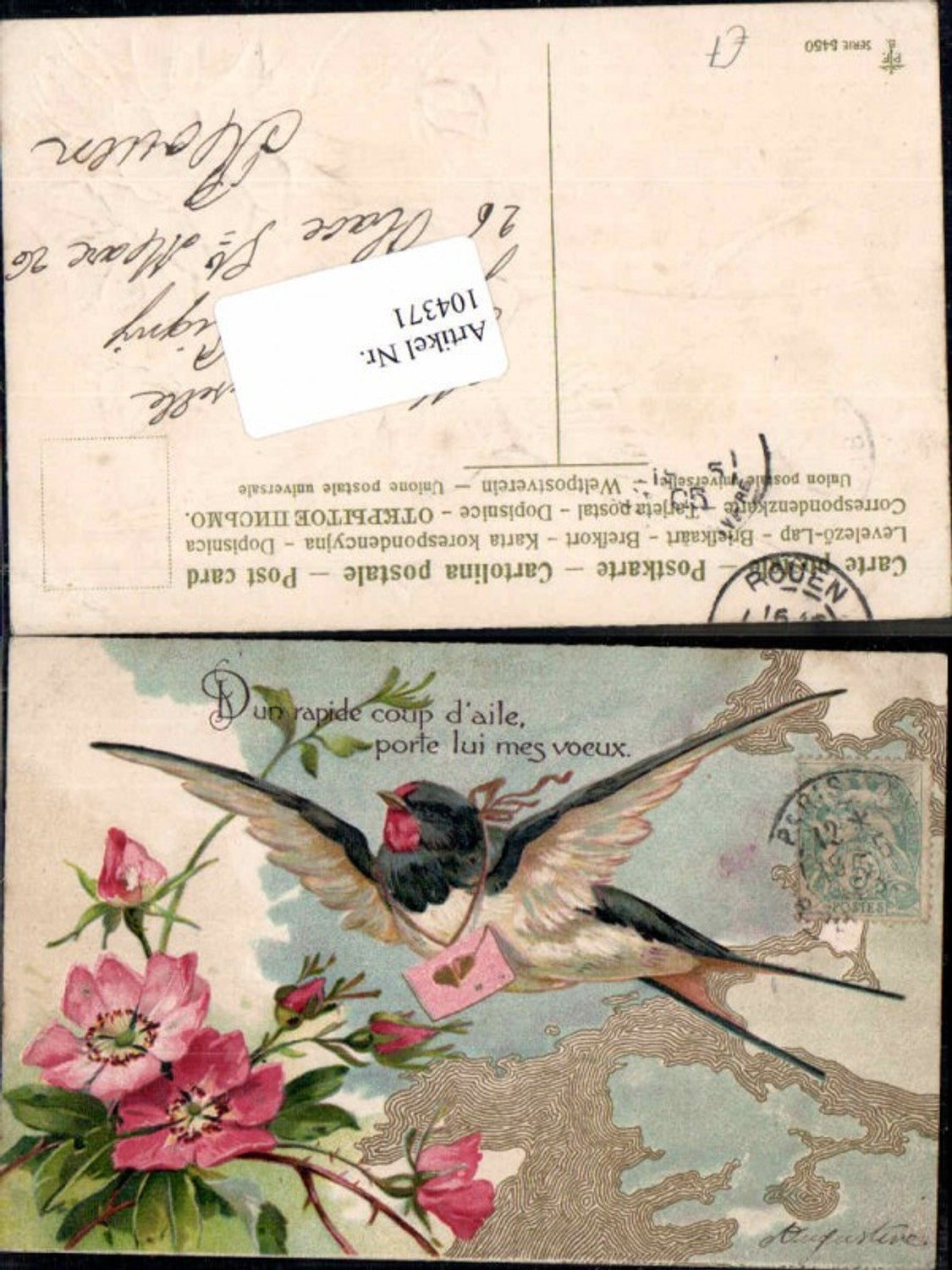 104371, embossing AK bird carrier pigeon flowers lithograph