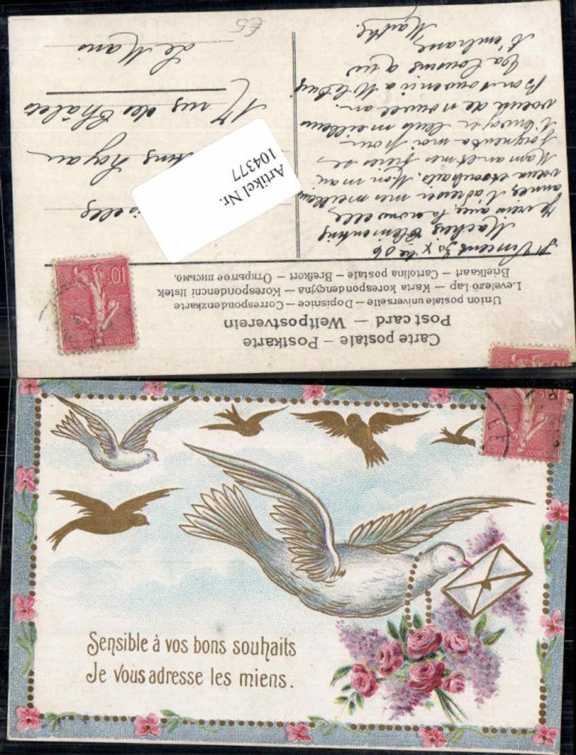104377,Präge AK Litho Brieftaube Taube Rosen Rose Brief Art Deco