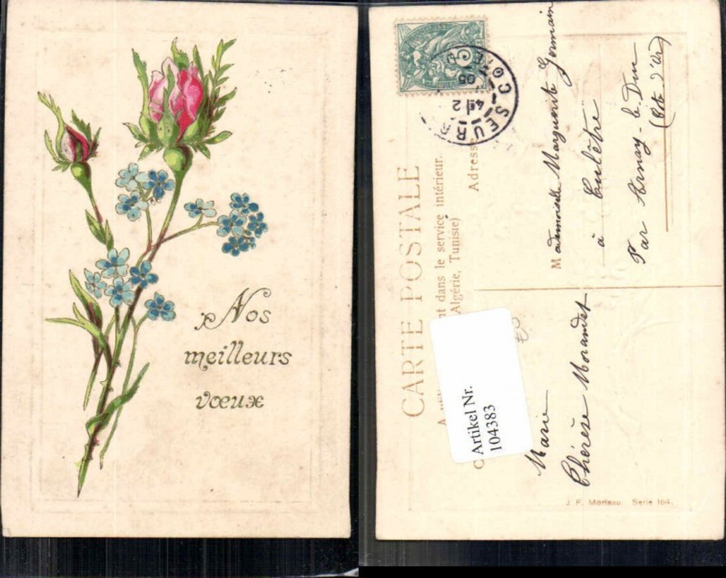 104383, embossed postcard, lithograph of roses, 1905