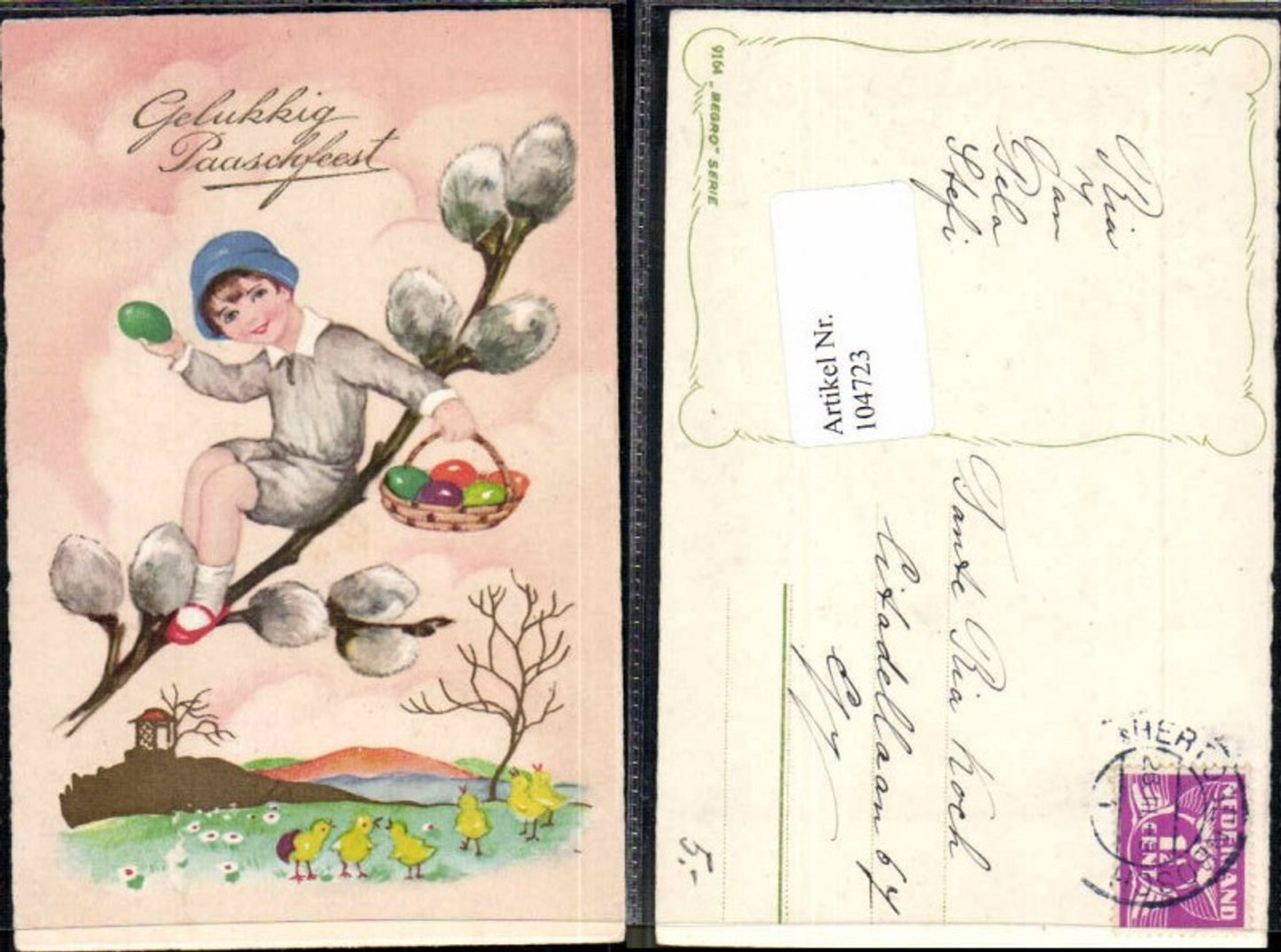 104723,Ostern Süsse Küken m. Kind am Palmkätzchenzweig Eier