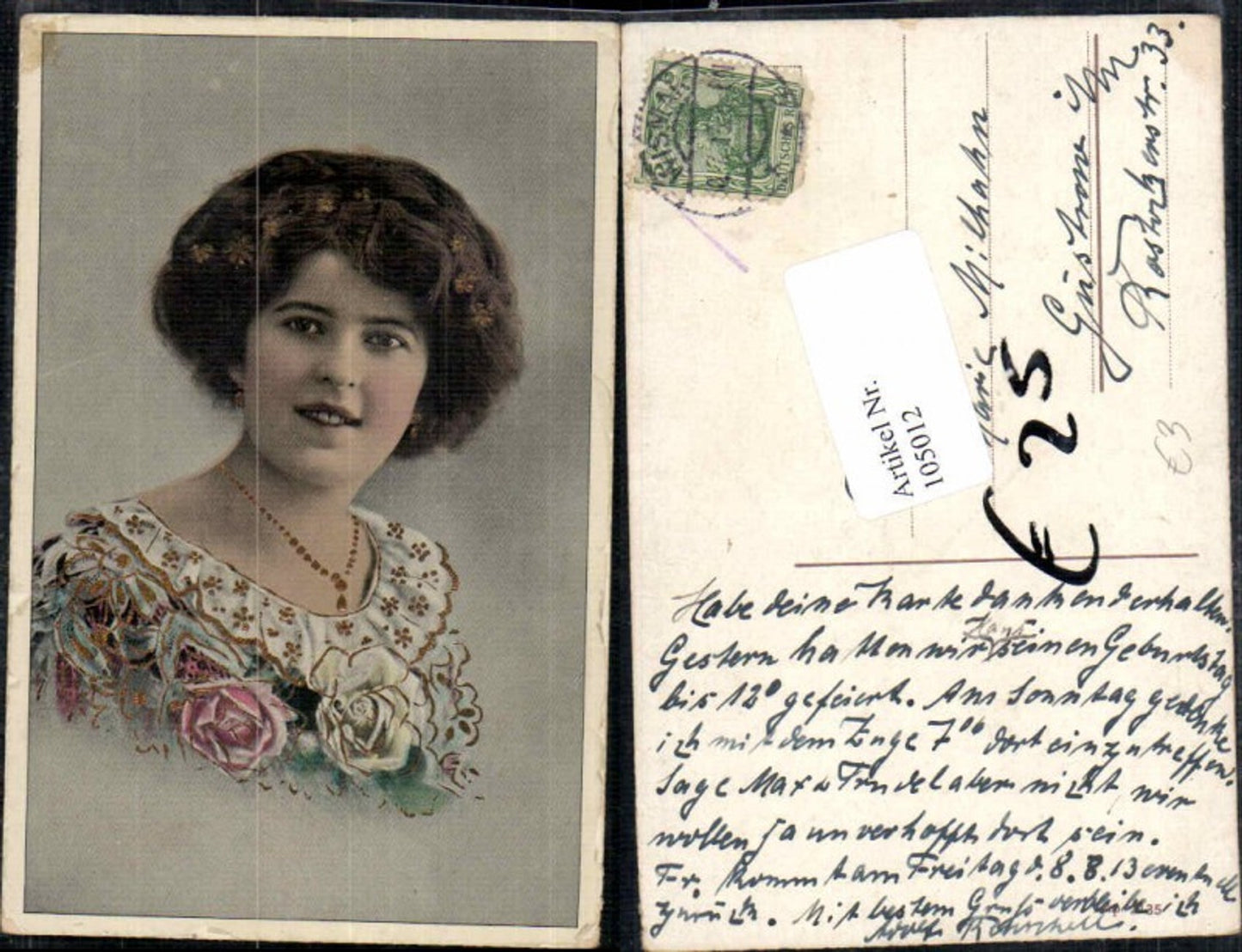 105012,Tolle Portrait AK Frau Glitzer Halskette Rosen