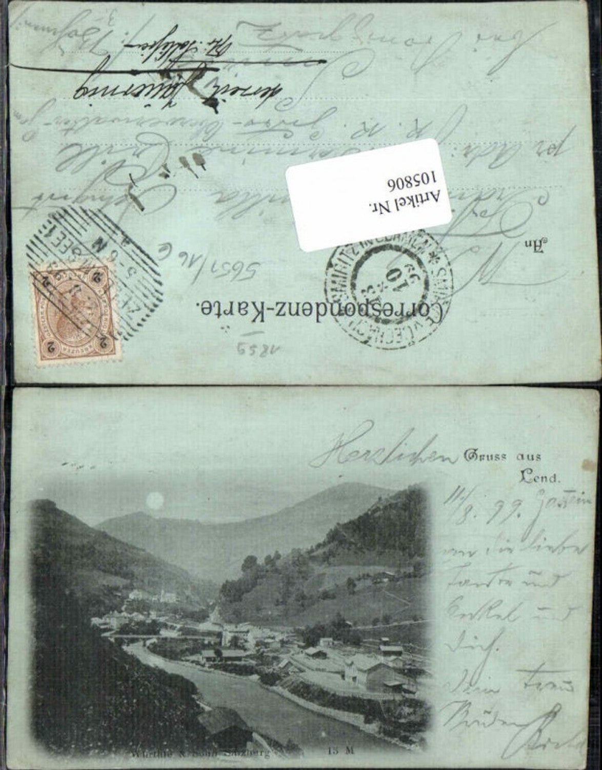 105806,Mond Litho Gruss aus Lend im Pinzgau 1898