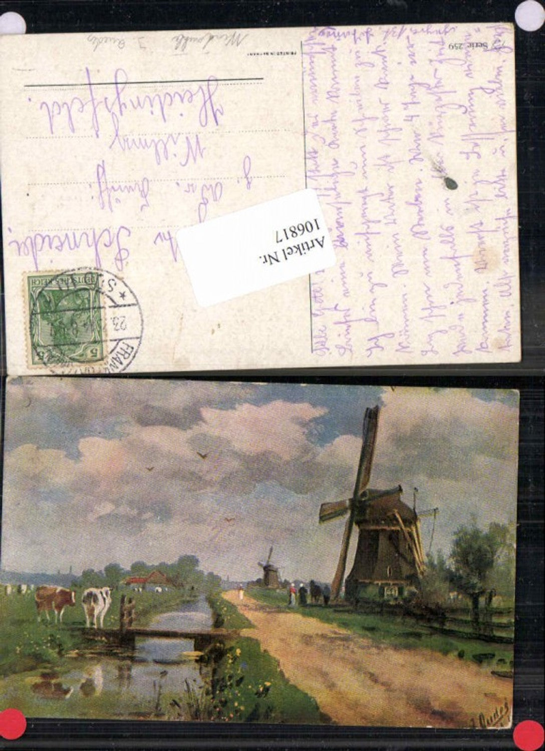 106817, Windmill, Wind turbine with cows, farming village, J. Quedes sign