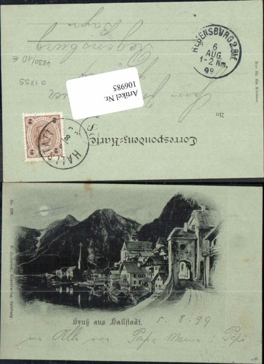 106985,Mond Litho Gruss aus Hallstatt Häuser Strassenpartie