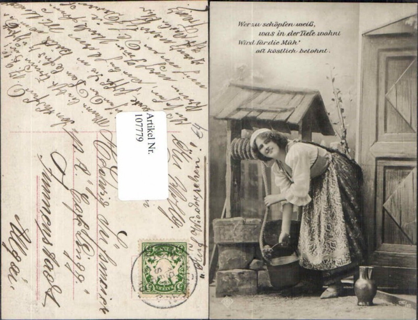 107779,Schöne Frau am Brunnen m. Kübel Wasserkrug krug