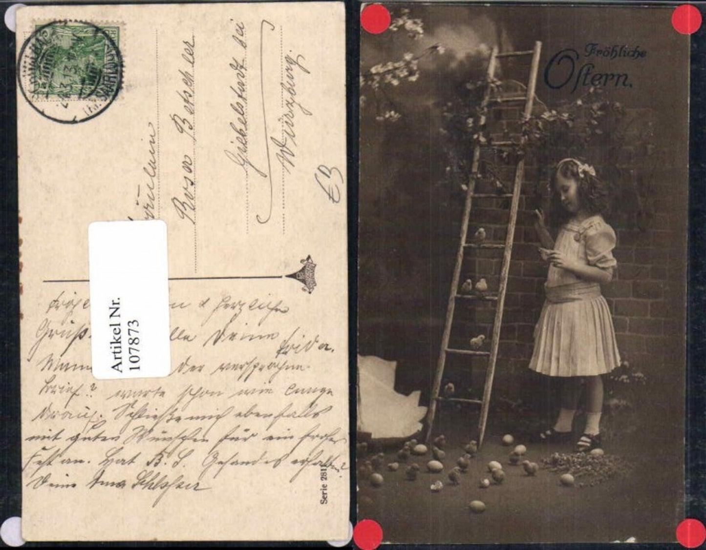 107873,Ostern Süsses Mädchen m. Küken und Leiter Eier