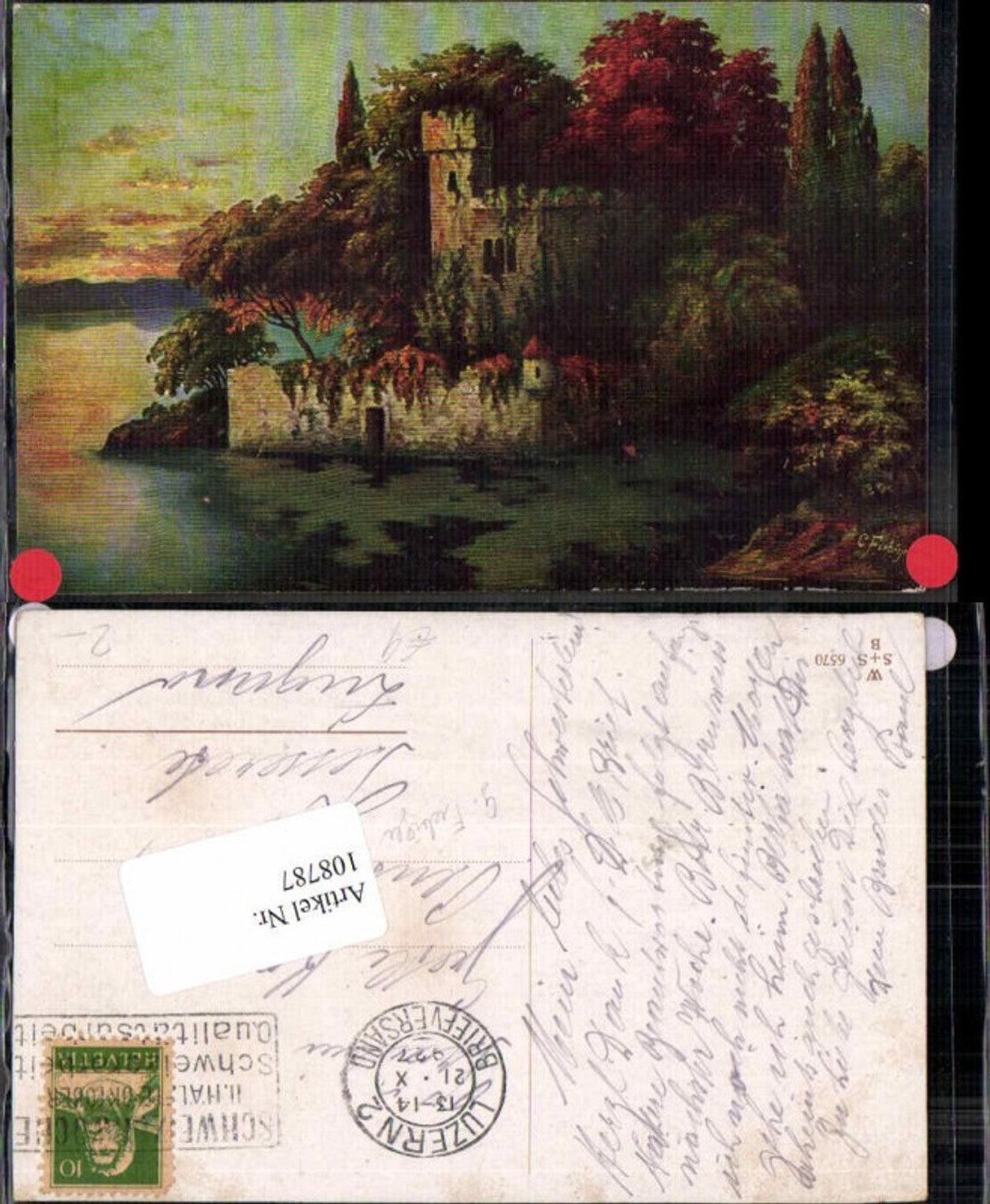 108787,G. Fiebiger Tempel m. Bäumen am Meer Abendrot