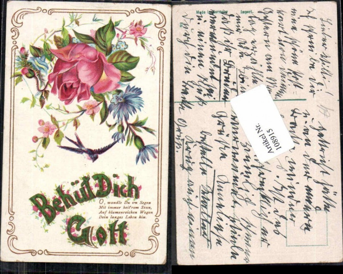 108915,Präge Litho Rose Blume Spruch behür dich Gott Tolle Karte