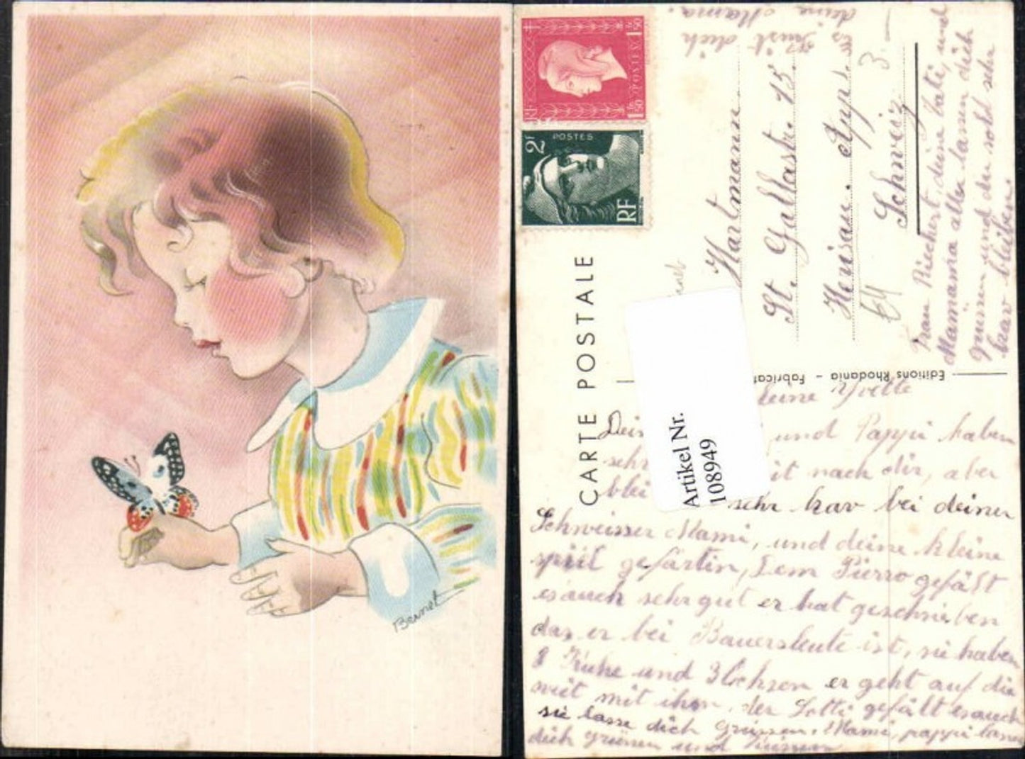 108949,Mädchen m. Schmetterling Butterfly sign. Bernet