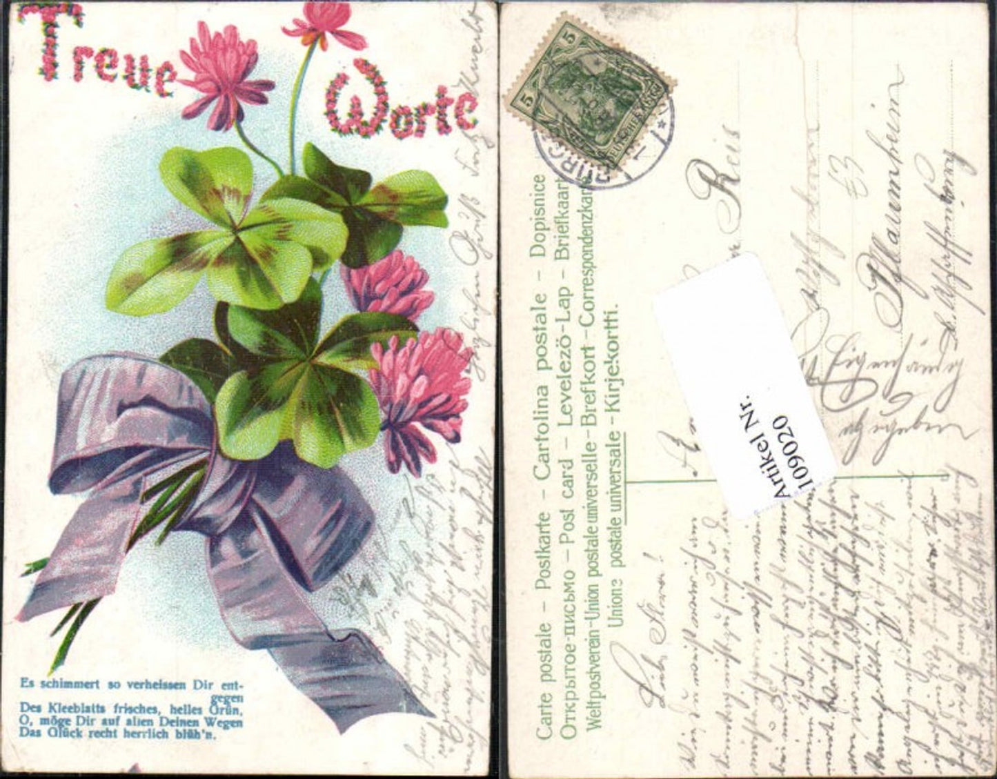 109020,Treue Worte Litho Klee Kleeblatt Blumen Spruch
